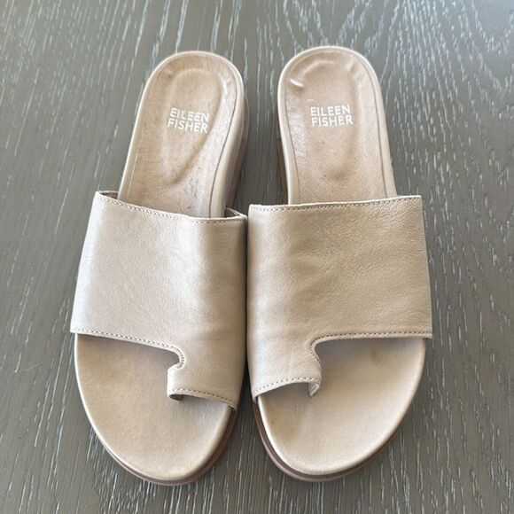 Eileen Fisher Digit Women's Beige Khaki Leather Slide Sandals Minimalist Size 6 - Picture 3 of 9